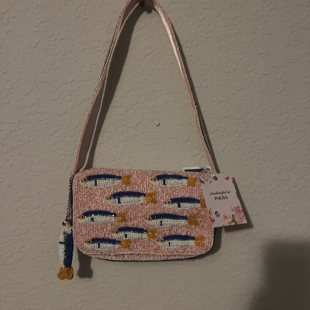 Pink Beaded Sardine Design Shoulder Bag